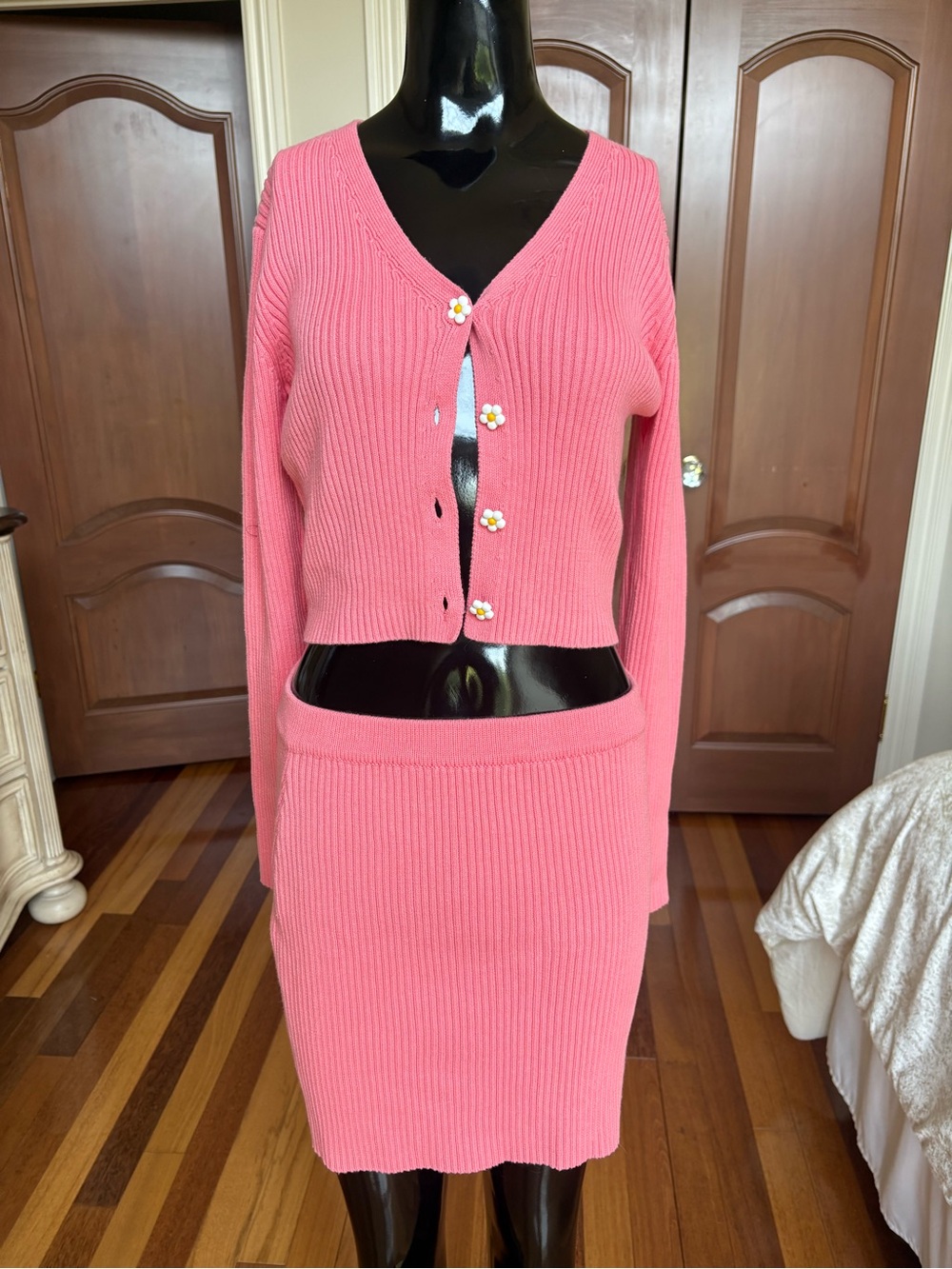 English Factory Salmon Pink Rib Knit Cardigan & Skirt Set NWT
